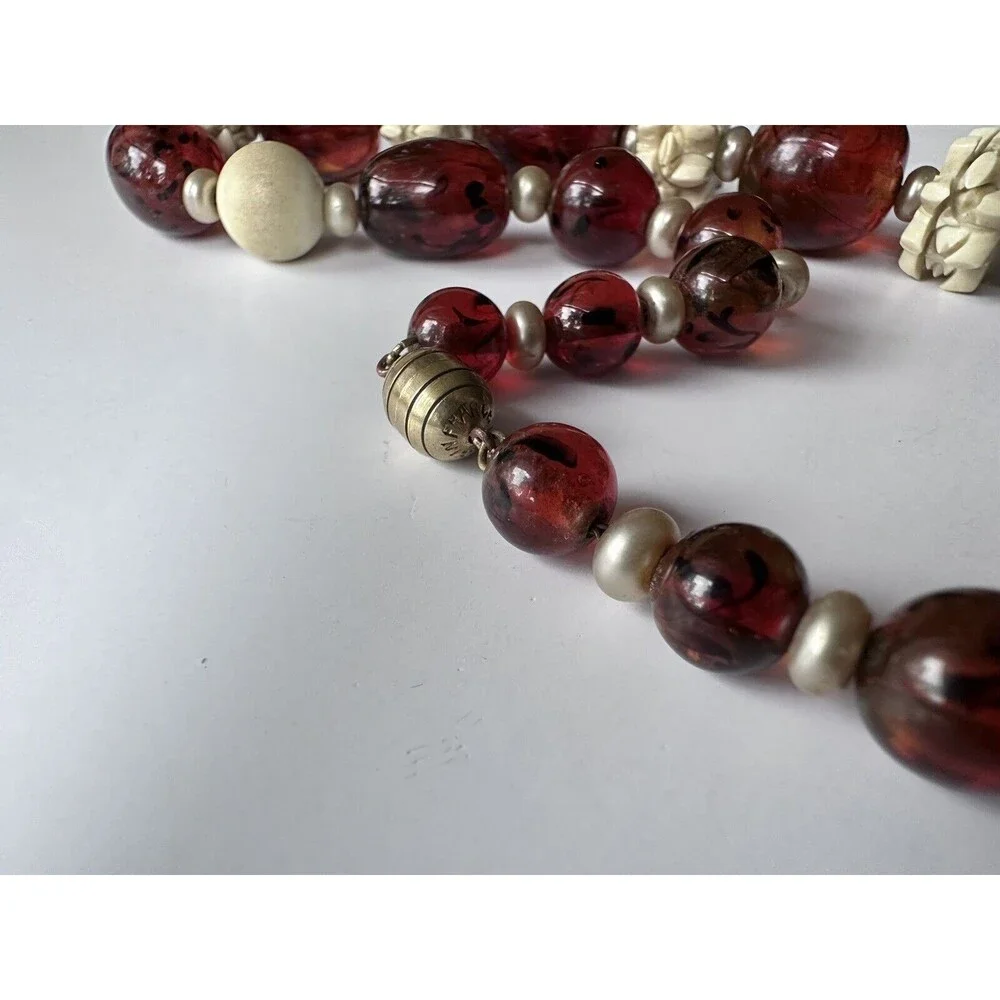 Vintage 1930s Louis Rousselet Art Deco Amber Glass Bead Carved Galalith Necklace